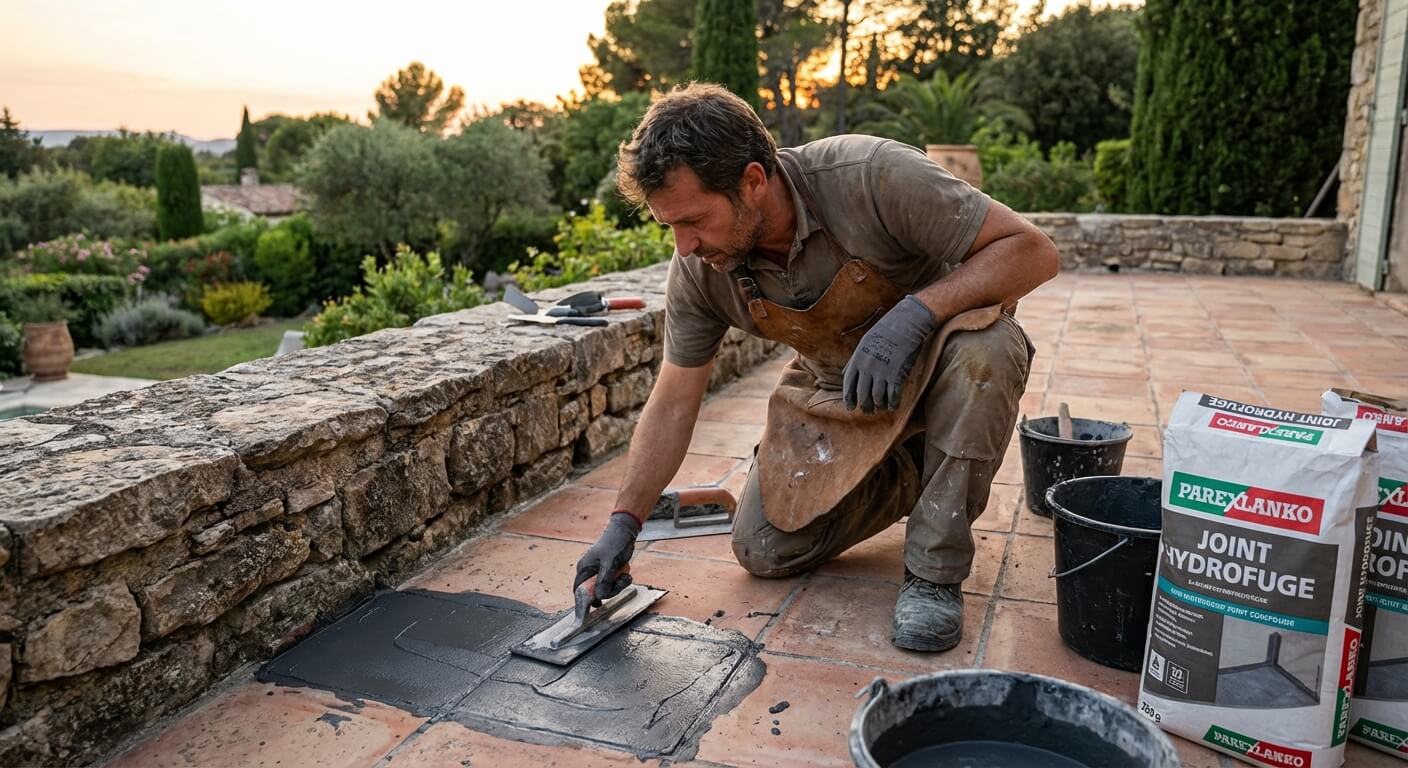 Artisan appliquant consciencieusement une pâte à joint hydrofuge sur le carrelage d'une terrasse extérieure