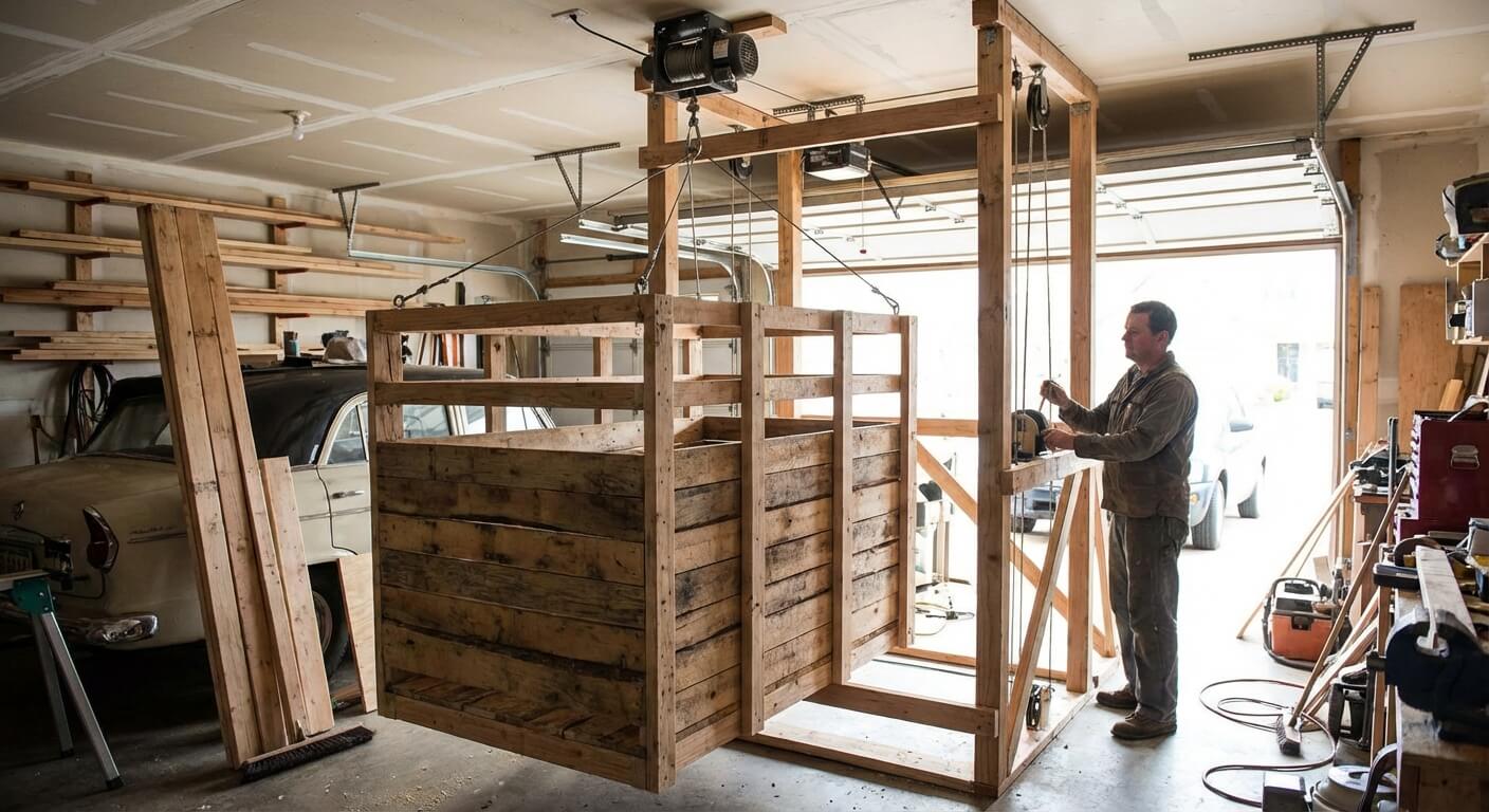 Conception d'un monte-charge artisanal en bois actionné par un treuil électrique dans un garage