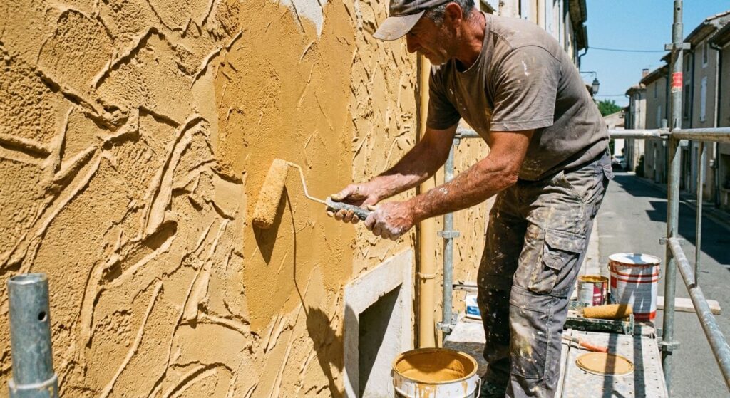 Artisan appliquant de la peinture sur une façade en crépi à fort relief avec un rouleau à poils longs