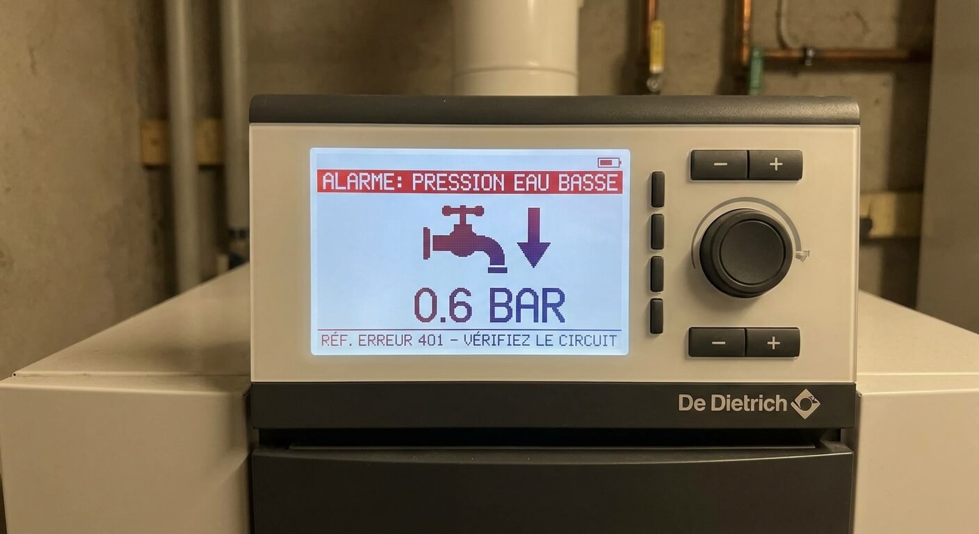 Gros plan sur l'écran numérique d'une chaudière De Dietrich indiquant une chute de pression d'eau