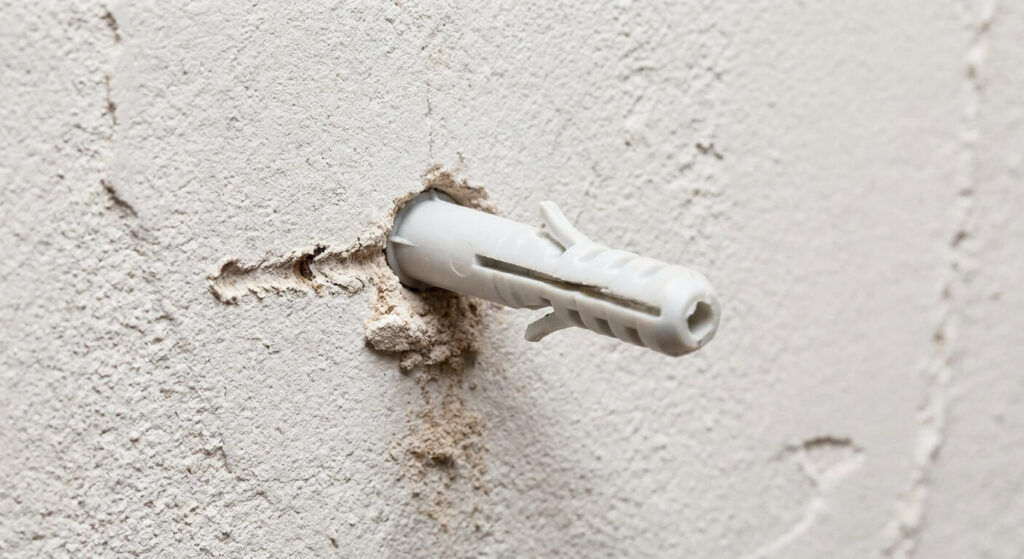 Une cheville en plastique qui dépasse d'un mur après un perçage insuffisamment profond