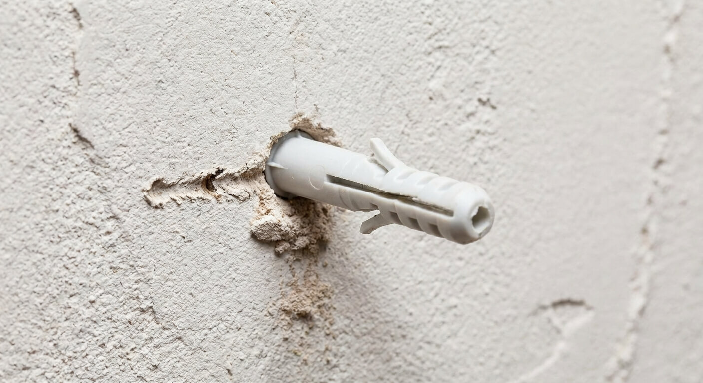 Une cheville en plastique qui dépasse d'un mur après un perçage insuffisamment profond