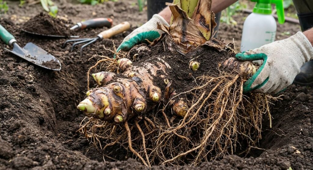 Vue détaillée du rhizome et des racines fibreuses d'un bananier lors d'une plantation