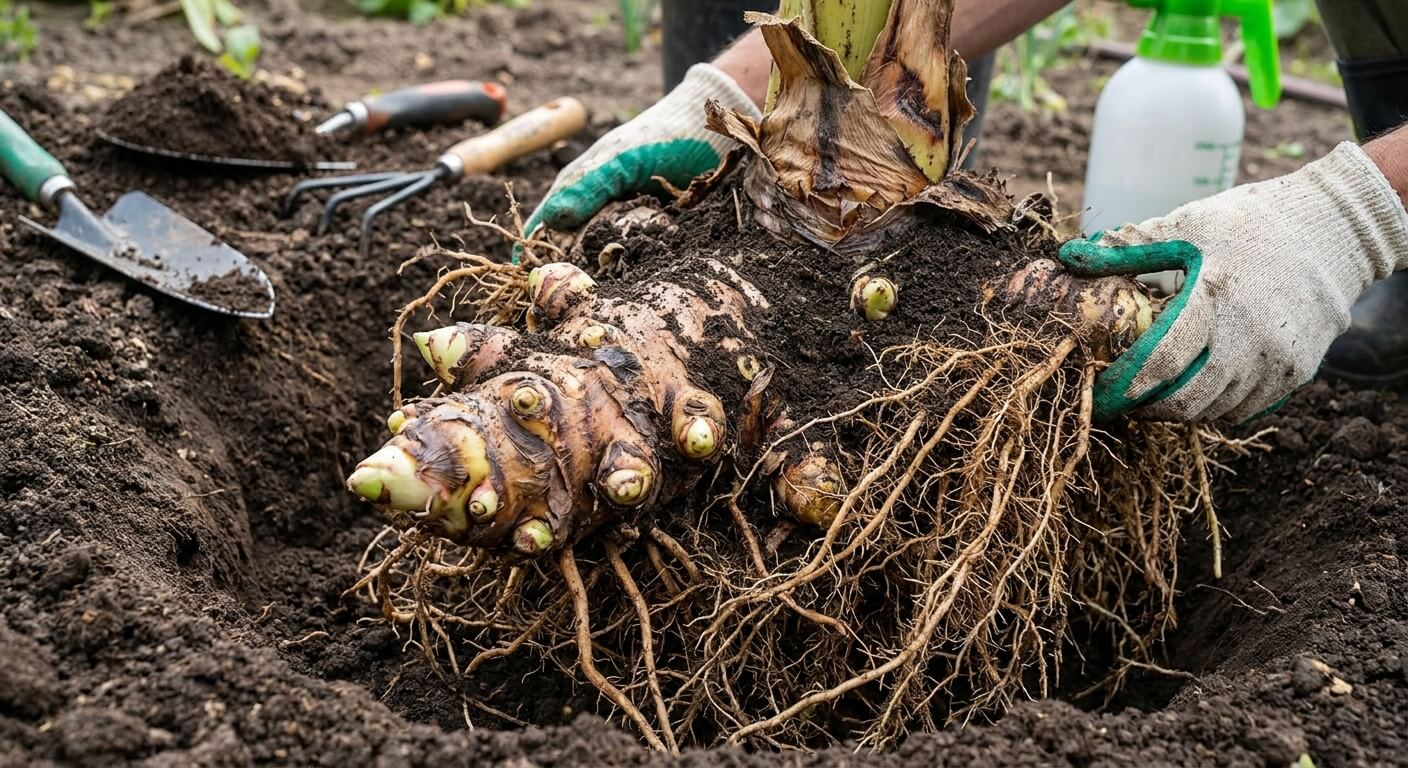 Vue détaillée du rhizome et des racines fibreuses d'un bananier lors d'une plantation