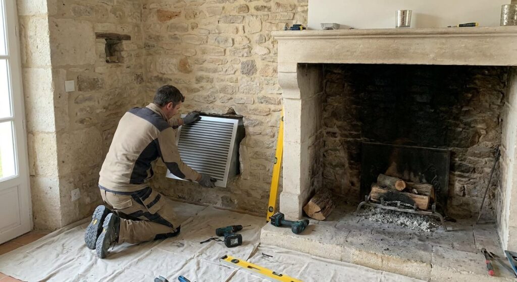 Test de tirage d'une cheminée montrant le flux d'air aspiré vers le conduit de fumée