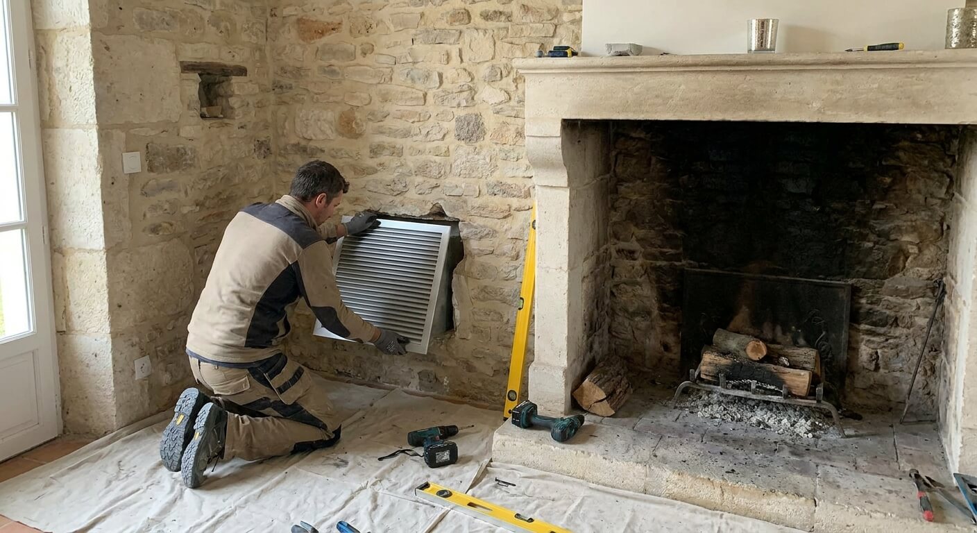 Test de tirage d'une cheminée montrant le flux d'air aspiré vers le conduit de fumée