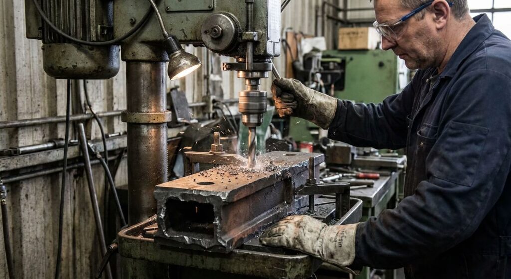Utilisation d'une perceuse à colonne pour trouer une pièce en fonte épaisse