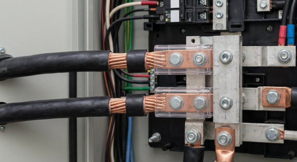 Jonction de deux câbles de forte section dans un bornier de répartition électrique