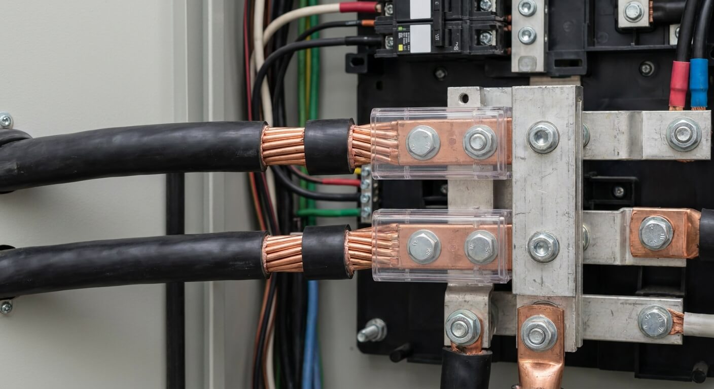 Jonction de deux câbles de forte section dans un bornier de répartition électrique