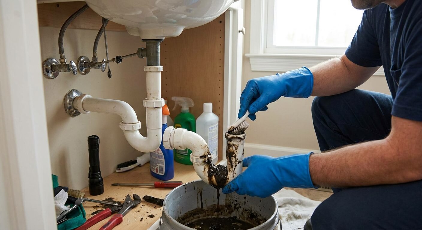 Nettoyage manuel d'un siphon de lavabo pour éliminer les résidus malodorants