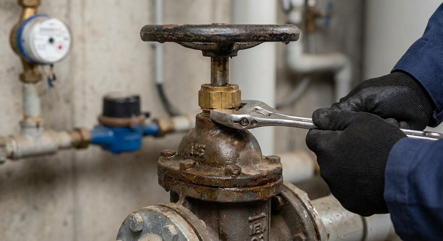 Serrage d'un écrou de presse-étoupe sur une vanne d'arrivée d'eau principale