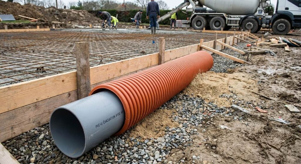 Tuyau PVC d'évacuation entouré d'une gaine de protection avant le coulage d'une dalle béton