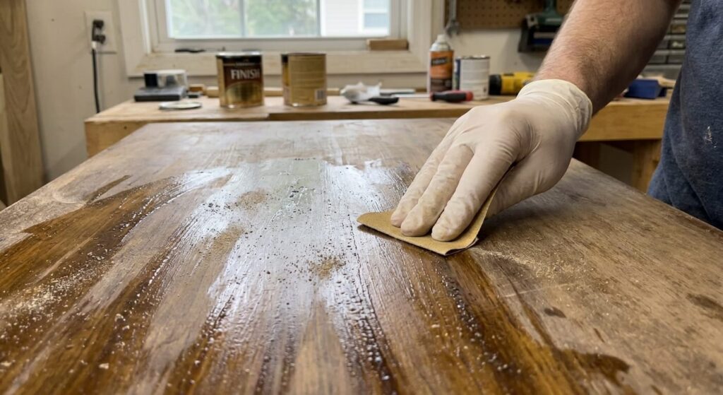 Ponçage léger d'une surface vernie restée poisseuse après plusieurs jours
