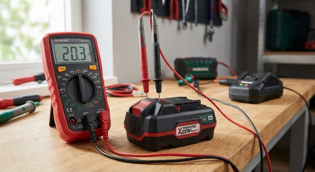 Testeur de tension sur les bornes d'une batterie Parkside X20V Team