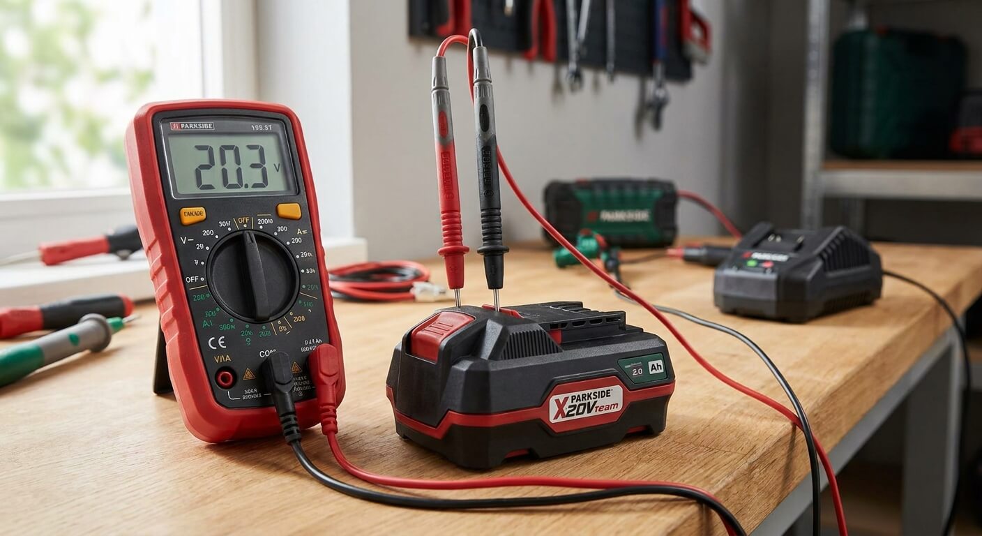 Testeur de tension sur les bornes d'une batterie Parkside X20V Team