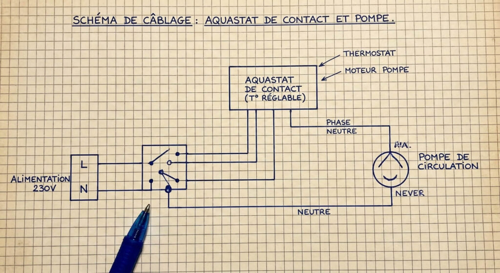 Schéma de câblage d'un aquastat de contact relié à une pompe de circulation