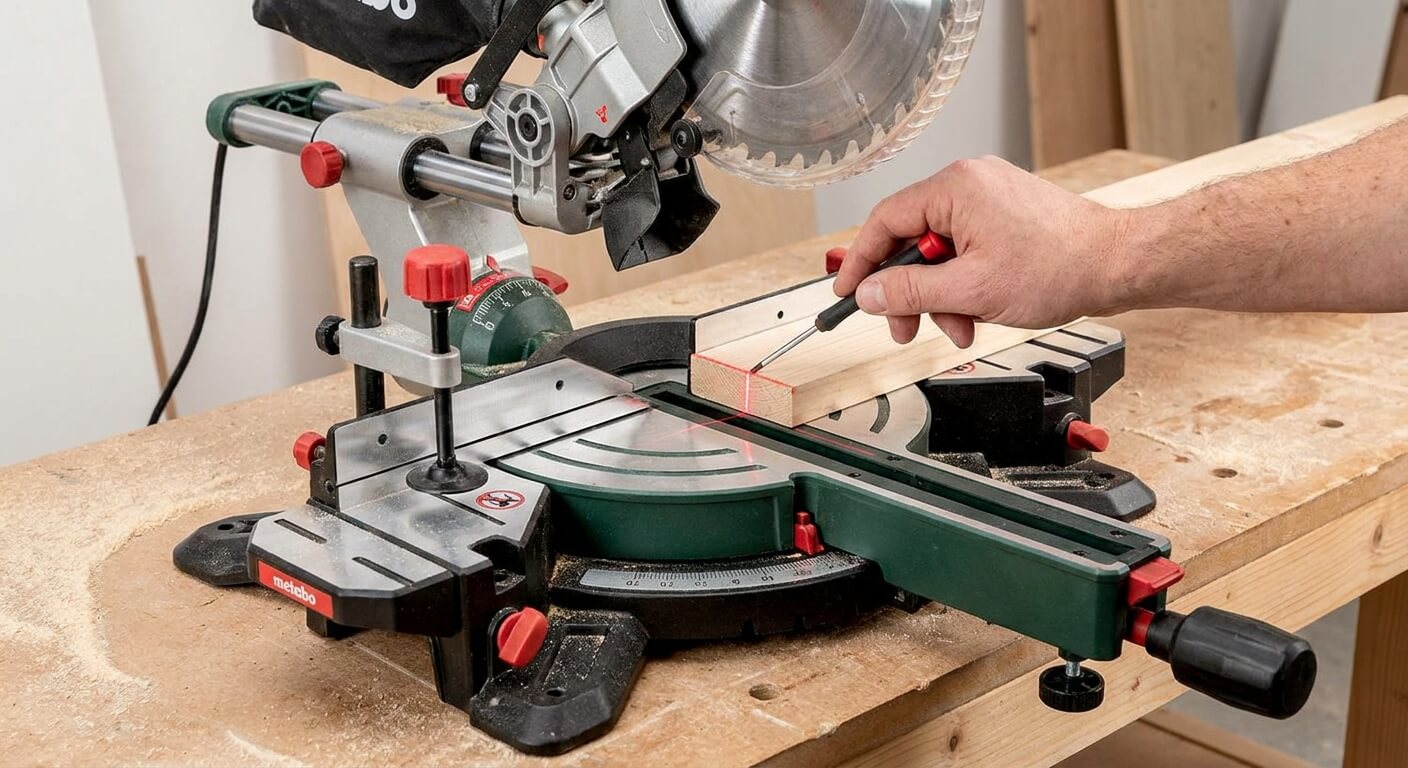 Ajustement du faisceau laser sur une scie à onglet radiale Metabo