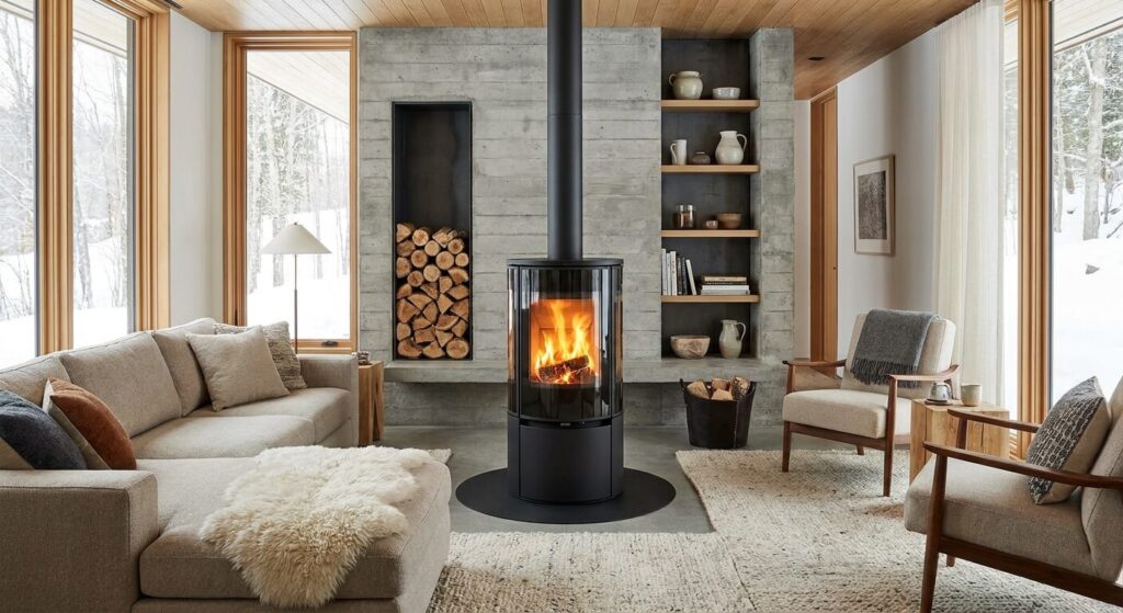  Poêle à bois moderne dans un salon — intérieur chaleureux et contemporain