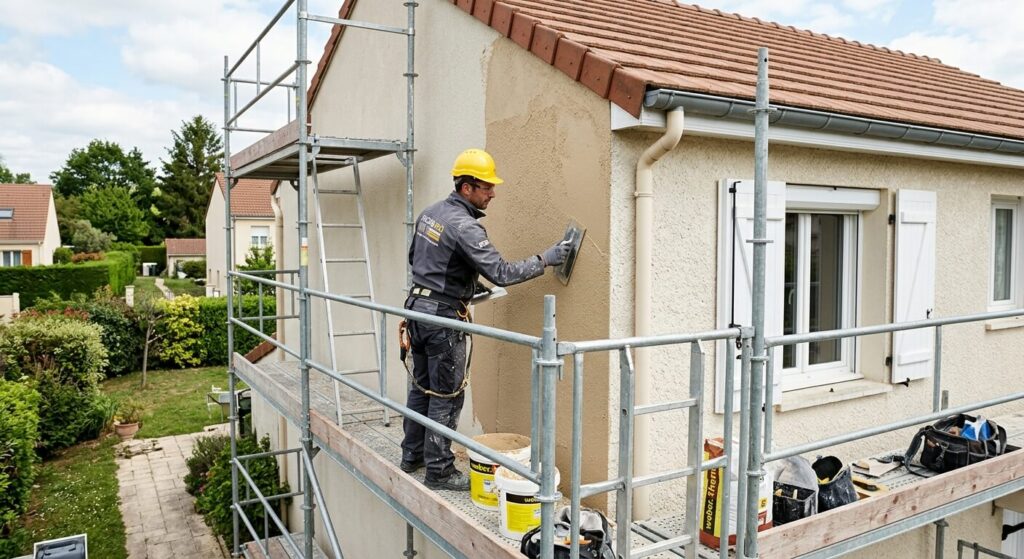 Un façadier professionnel appliquant un enduit de finition sur le mur extérieur d'une maison individuelle.