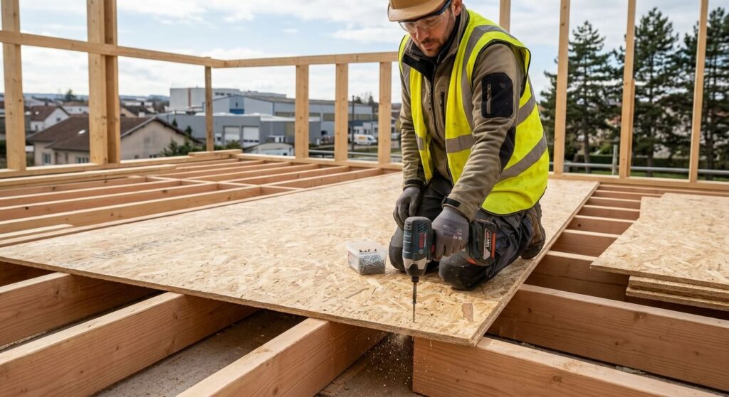 Charpentier vissant des panneaux en OSB 3 sur des solives en bois pour créer un plancher