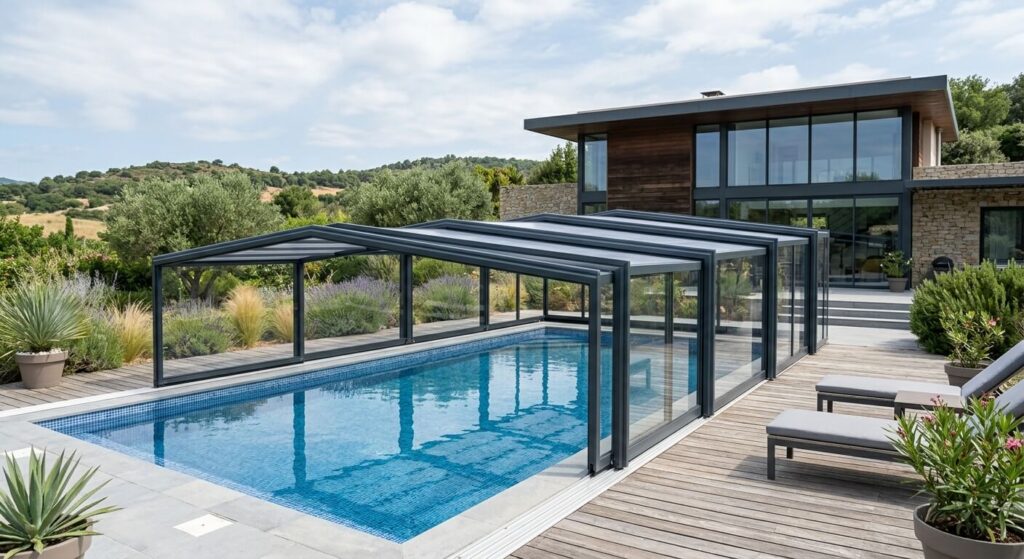 Un abri de piscine mi-haut télescopique en aluminium gris anthracite sur un bassin moderne.