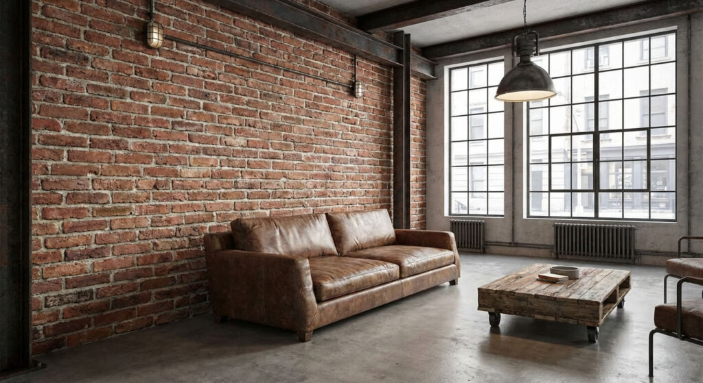 Mur intérieur décoré de parement brique rouge Orsol pour une ambiance style industriel et authentique.