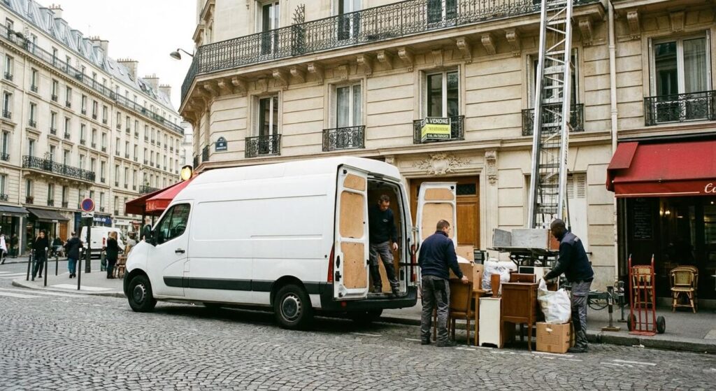 Comment optimiser la vente de son bien immobilier grâce au débarras ? 3 Entreprise de débarras en intervention devant un immeuble parisien pour vider un logement avant mise en vente.