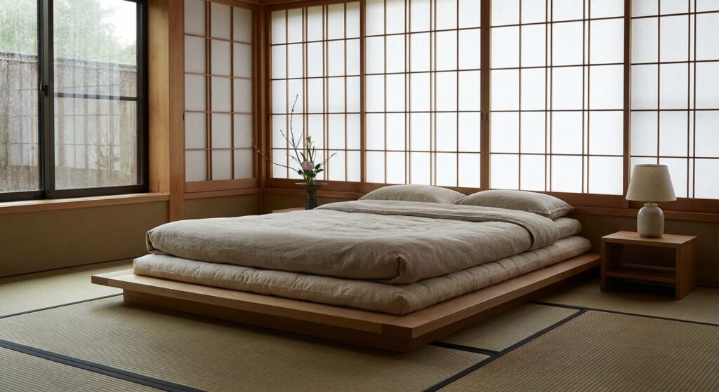 Décoration zen et minimaliste : comment transformer son intérieur en sanctuaire de sérénité 3 Chambre épurée d'inspiration japonaise favorisant un sommeil serein.