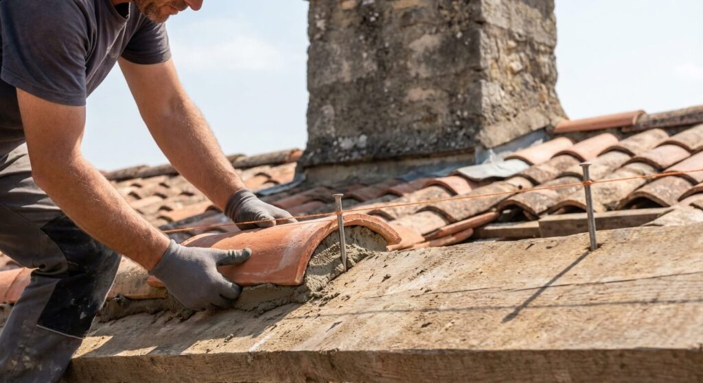 Utilisation d'un cordeau tendu pour garantir le parfait alignement horizontal lors de la pose des tuiles de faîtage