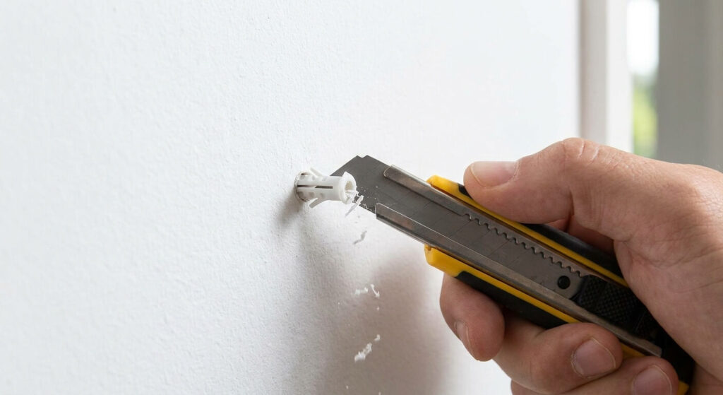 Main utilisant un cutter pour couper proprement l'excédent d'une cheville au ras du mur