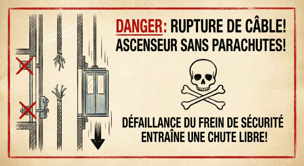 Fabriquer un ascenseur fait maison : Faisabilité, risques et législation 3 Schéma d'avertissement illustrant le danger d'une rupture de câble sur un ascenseur sans freins parachutes de sécurité