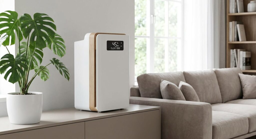 Déshumidificateur d'air moderne et silencieux placé dans un salon pour assainir et réguler l'hygrométrie de la pièce.