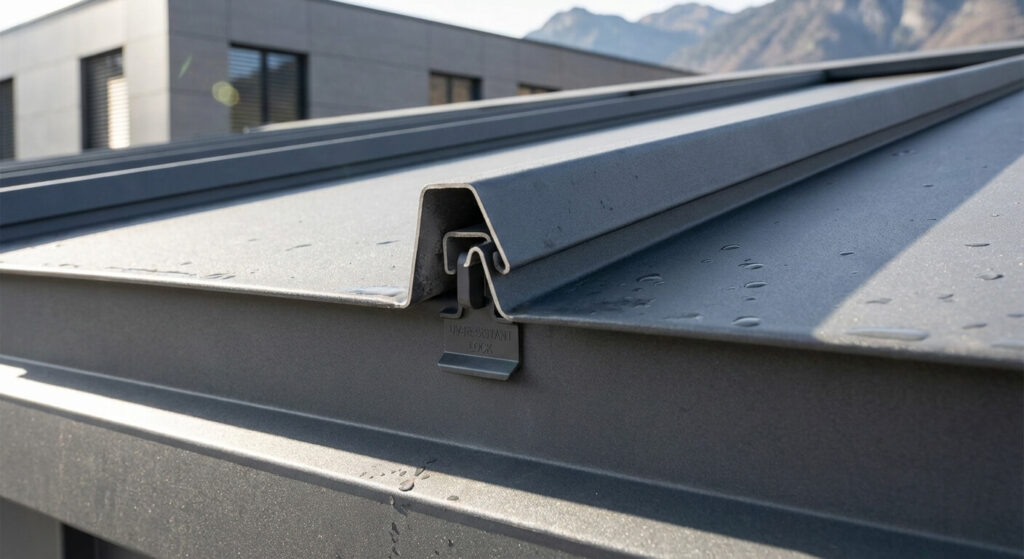 Toiture joint debout : le choix optimal pour une maison performante et durable 3 Zoom sur les finitions et le système de verrouillage caché d'une toiture métallique moderne résistante aux UV.