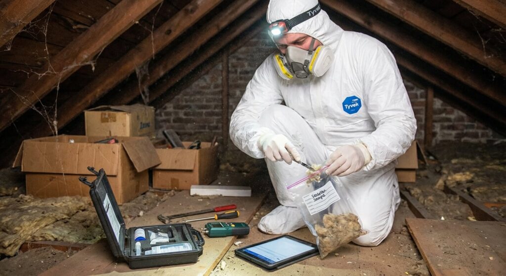 Amiante dans une maison Phénix : Où se cache-t-il et que faire ? 3 Diagnostiqueur immobilier équipé d'un masque prélevant un échantillon dans les combles d'une maison