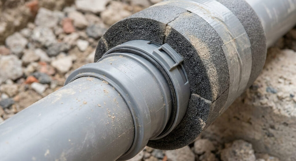 Zoom sur un manchon de dilatation et protection en mousse sur une canalisation PVC