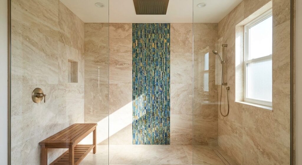 Une douche à l'italienne élégante intégrant une bande de mosaïque décorative sur le mur principal.