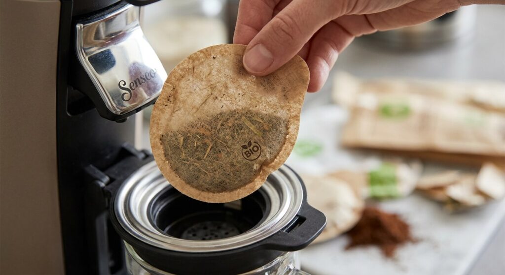 Gros plan sur une dosette de café souple et biodégradable prête à être insérée dans le porte-dosette.
