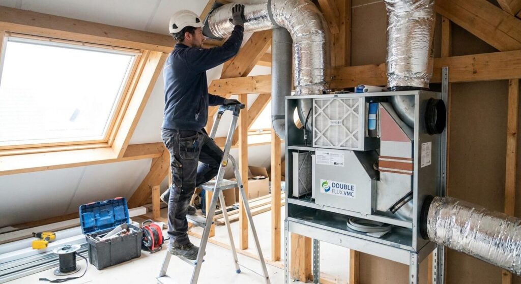 Artisan installant un système de ventilation mécanique contrôlée (VMC) double flux pour purifier l'air ambiant.