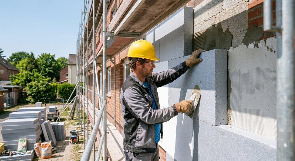Pose de panneaux isolants par un façadier pour améliorer la performance énergétique d'un bâtiment.