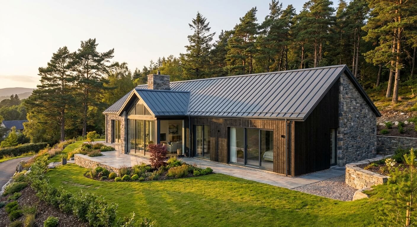 Maison individuelle haut de gamme avec toiture en joint debout gris anthracite pour une durabilité de 50 ans.