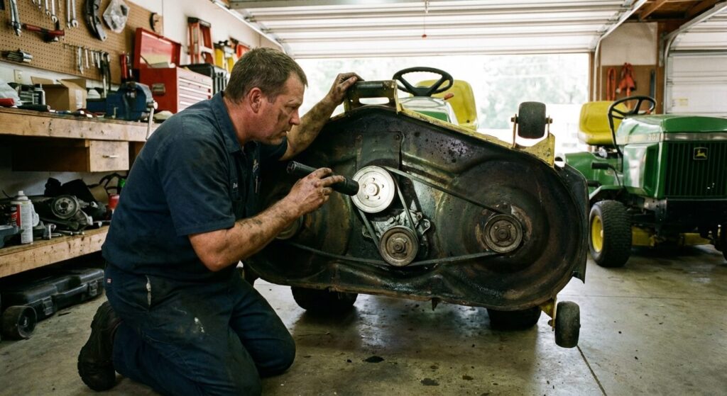 Mécanicien inspectant la courroie et les poulies du plateau de coupe d'une autoportée