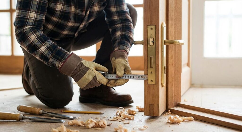 Bricoleur prenant les mesures de l'axe et de l'entraxe d'une serrure à mortaiser avec un mètre ruban