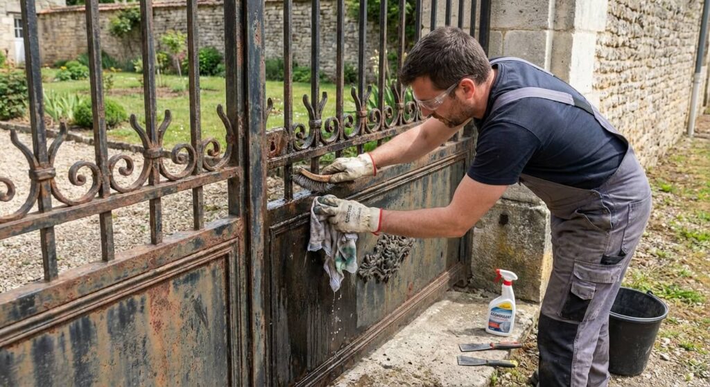 Préparation et dégraissage d'un vieux portail en fer forgé pour garantir l'adhérence de la nouvelle couche de peinture