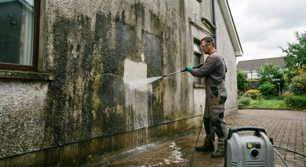 Nettoyage au nettoyeur haute pression d'un mur extérieur en crépi très encrassé