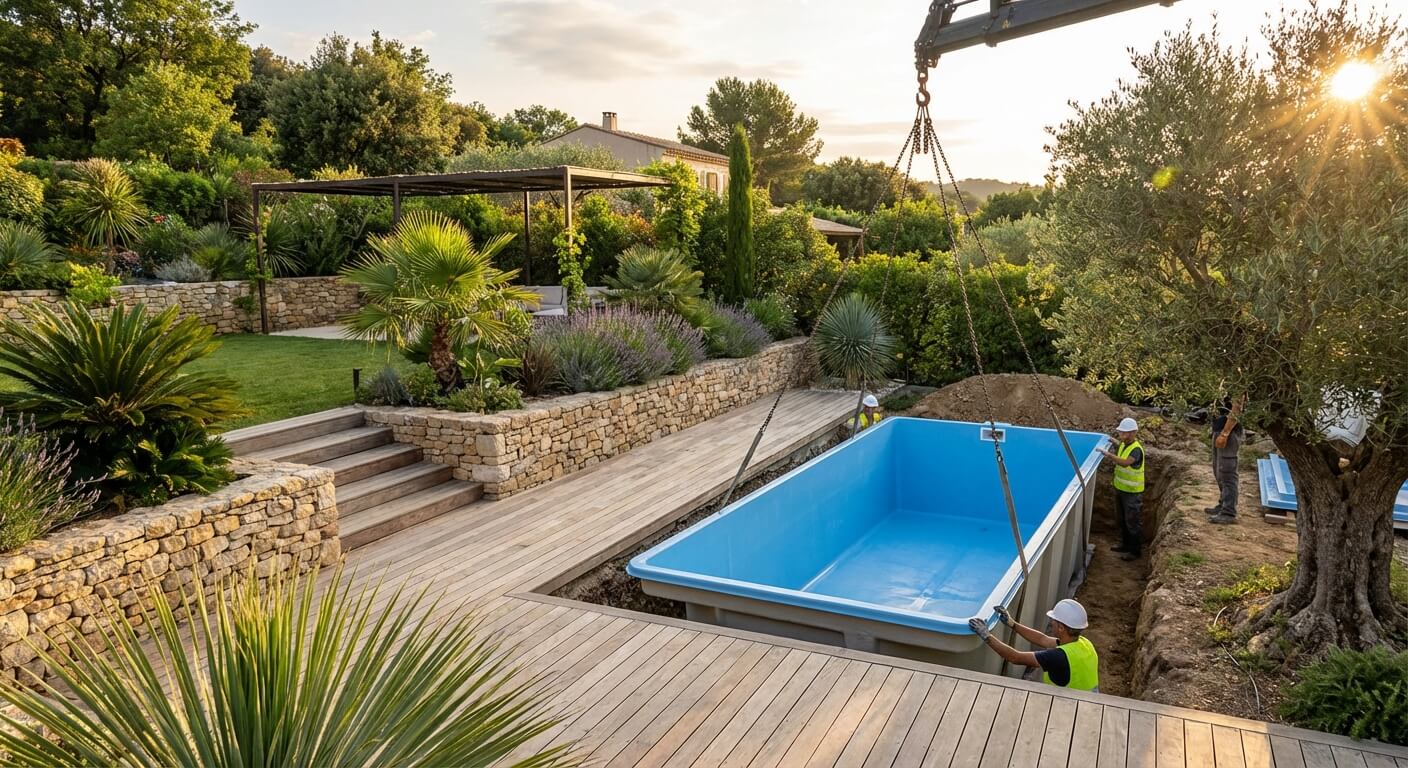 Installation d'une piscine coque polyester moderne de forme rectangulaire dans un jardin paysager.