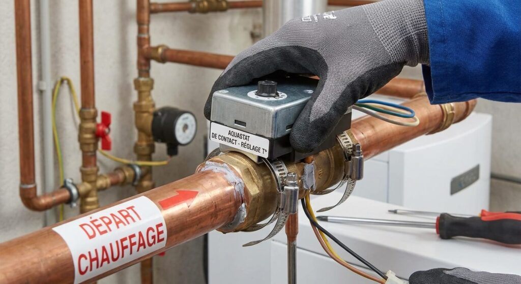 Installation d'un aquastat en applique sur une tuyauterie de départ chauffage