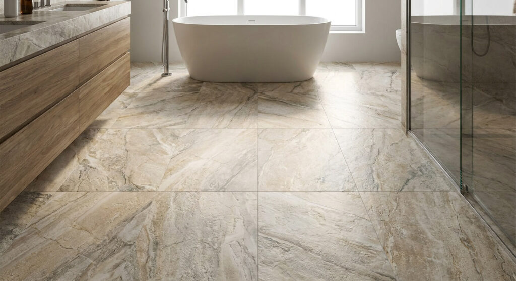Un sol recouvert de carrelage grand format imitation pierre naturelle dans une salle de bain