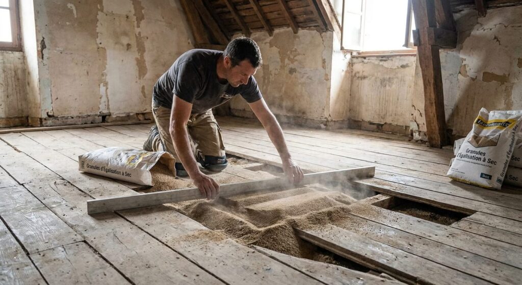 Étalement de granules d'égalisation à sec pour rattraper le niveau d'un vieux plancher affaissé