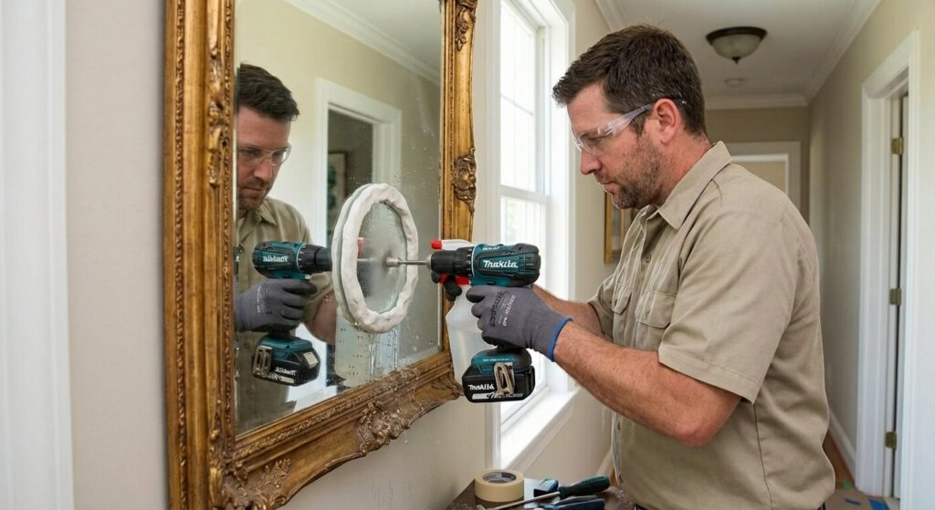 Bourrelet de mastic rempli d'eau créé autour de la zone de perçage pour refroidir le foret sur le miroir