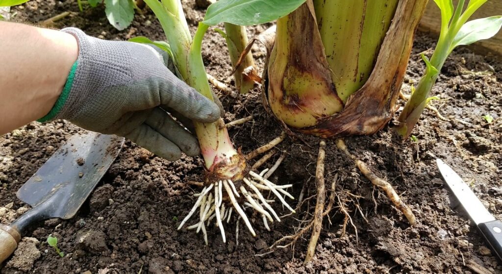 Séparation d'un rejet de bananier montrant le départ de nouvelles racines saines